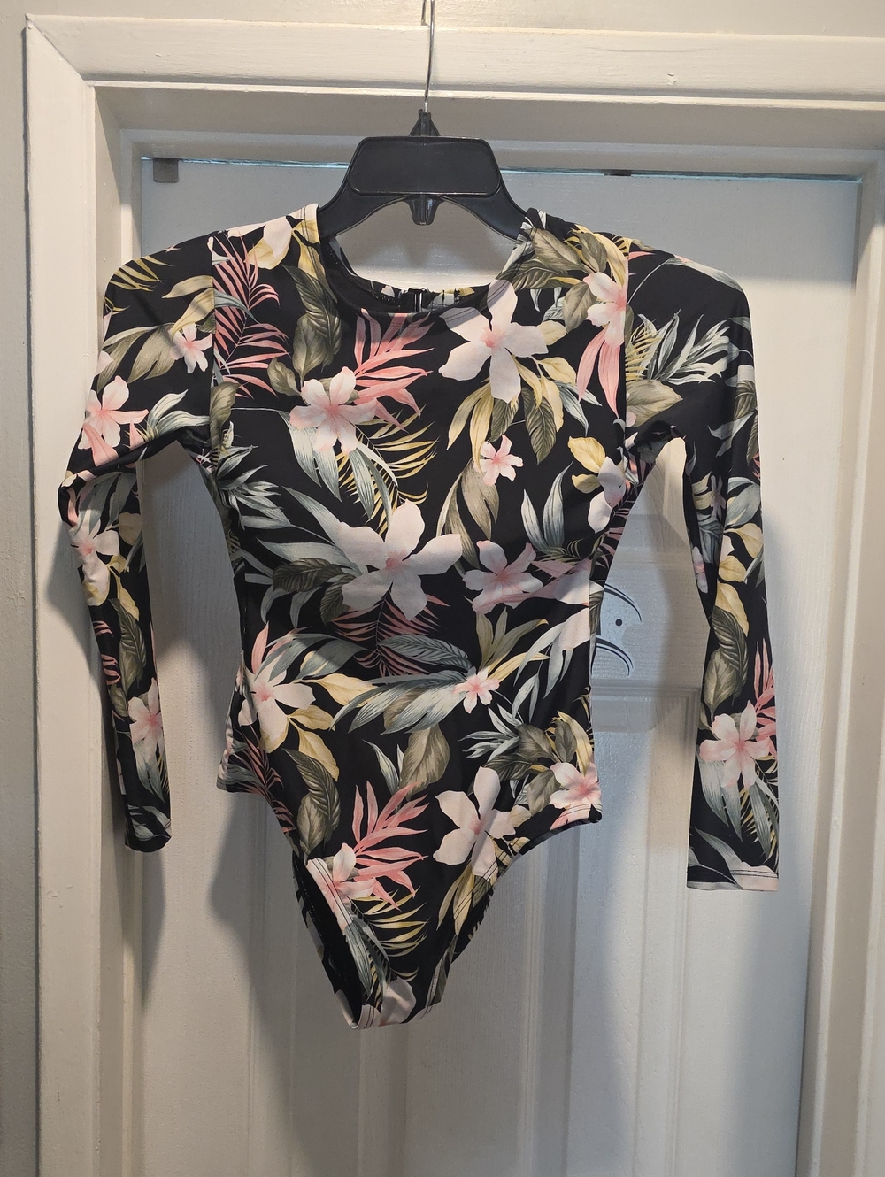 Kona Sol Black Floral Long-Sleeve Swimsuit with Pink and Cream Flowers